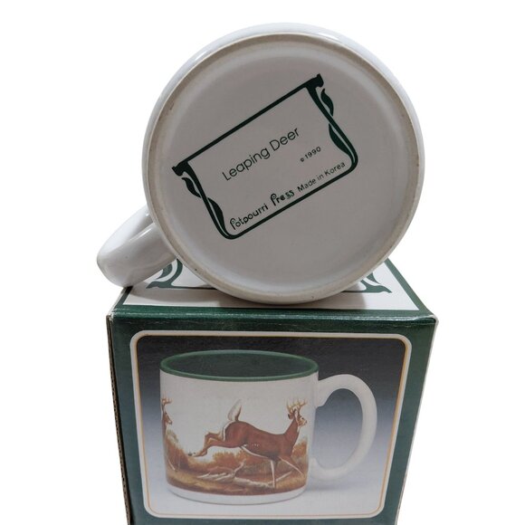 Vintage NOB 1990 Potpourri Press Leaping Deer Mug 11 Oz Green & White Ceramic - Picture 3 of 9